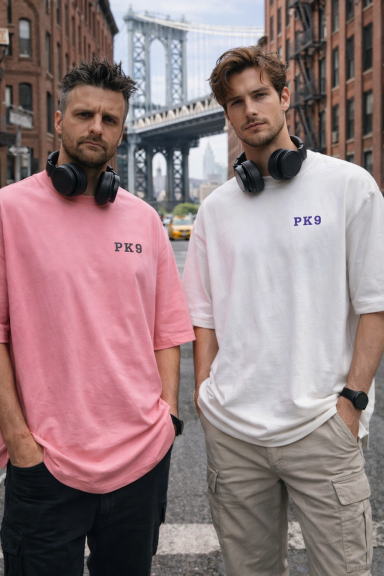 Deux hommes côte à côte, portant des t-shirts de couleurs pastel, avec des casques audio.