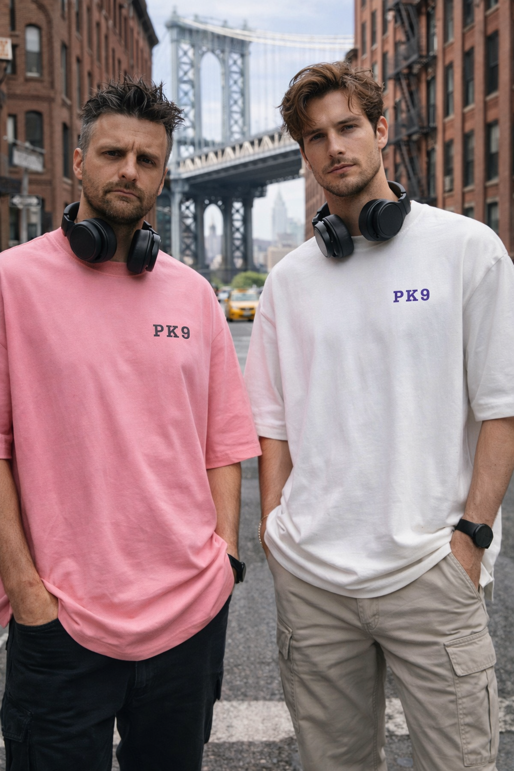 Deux hommes côte à côte, portant des t-shirts de couleurs pastel, avec des casques audio.