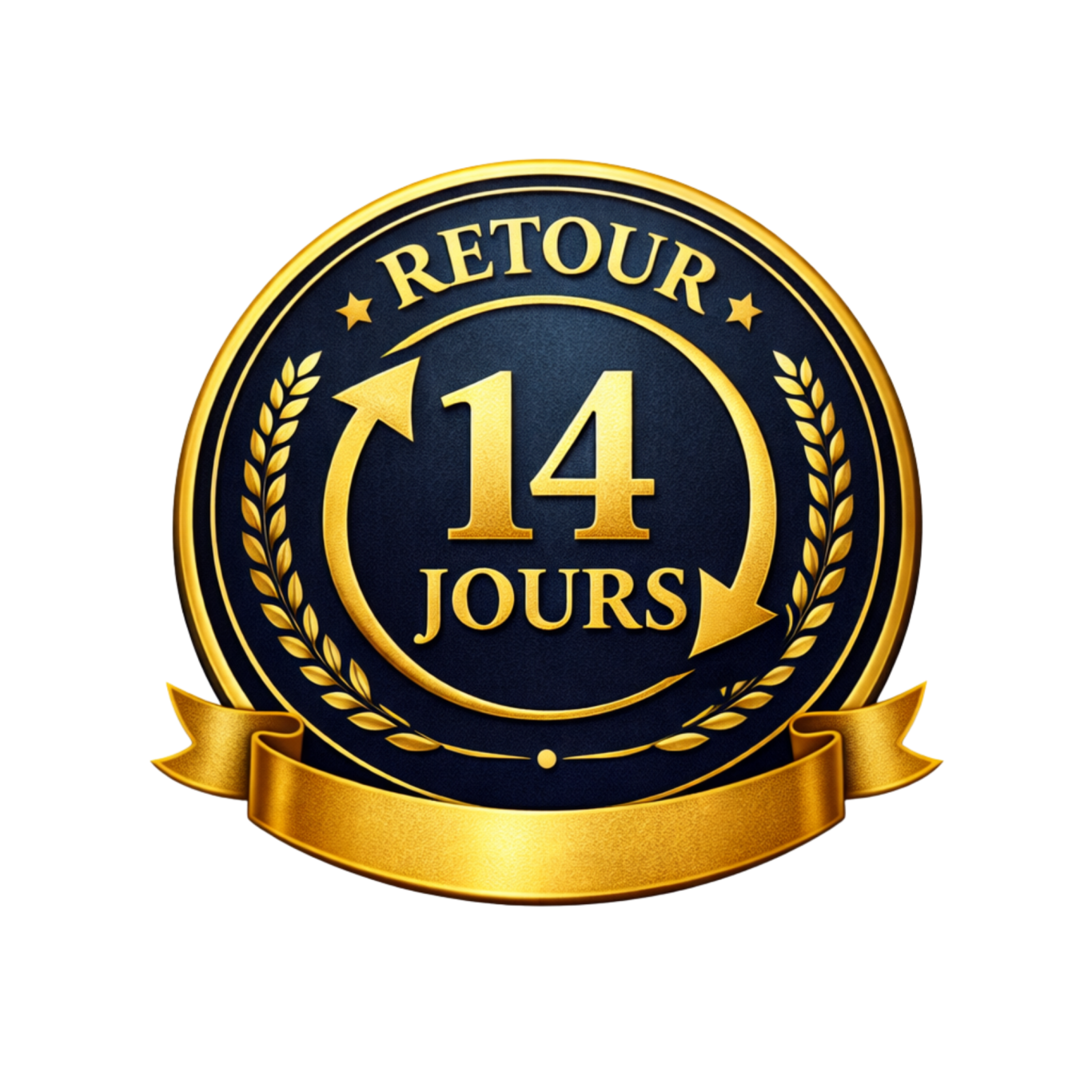 Retour sous 14 jours Logo avec un texte indiquant "Retour 14 jours" entouré de lauriers.
